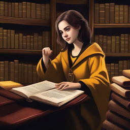 A realistic depiction of a female Hufflepuff student in the Hogwarts library