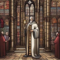 A detailed illustration of a human cleric standing in a medieval cathedral