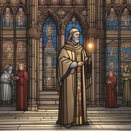 A detailed illustration of a human cleric standing in a medieval cathedral