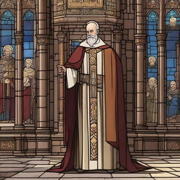 A detailed illustration of a human cleric standing in a medieval cathedral