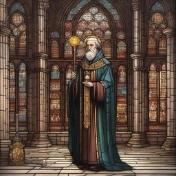 A detailed illustration of a human cleric standing in a medieval cathedral