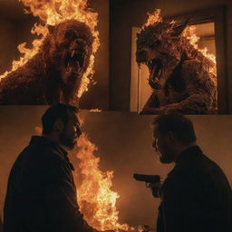 A room engulfed in flames split into two perspectives. Above: a man wielding a pistol, indomitable against the blaze. Below: a monstrous creature fixates its gaze upon the man above it.