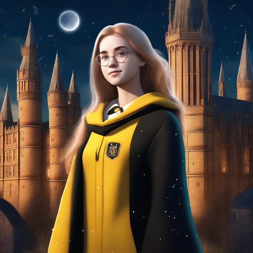 A realistic depiction of a female Hufflepuff student standing in front of Hogwarts at night