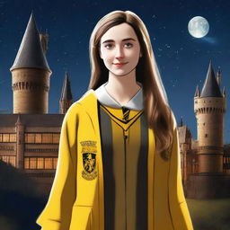 A realistic depiction of a female Hufflepuff student standing in front of Hogwarts at night