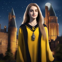 A realistic depiction of a female Hufflepuff student standing in front of Hogwarts at night