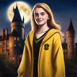 A realistic depiction of a female Hufflepuff student standing in front of Hogwarts at night