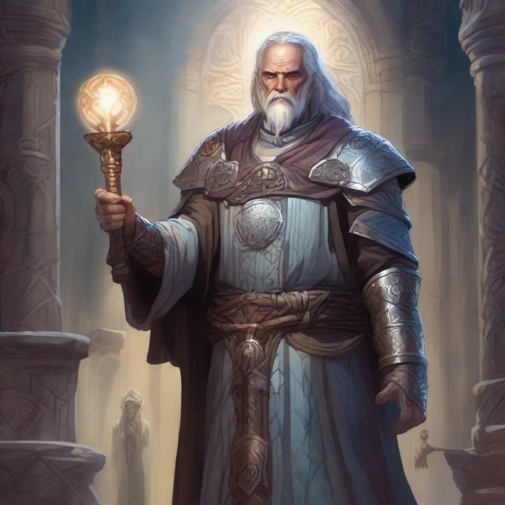 A detailed illustration of a human cleric from Dungeons & Dragons, standing in a mystical dungeon