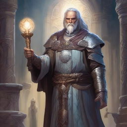 A detailed illustration of a human cleric from Dungeons & Dragons, standing in a mystical dungeon