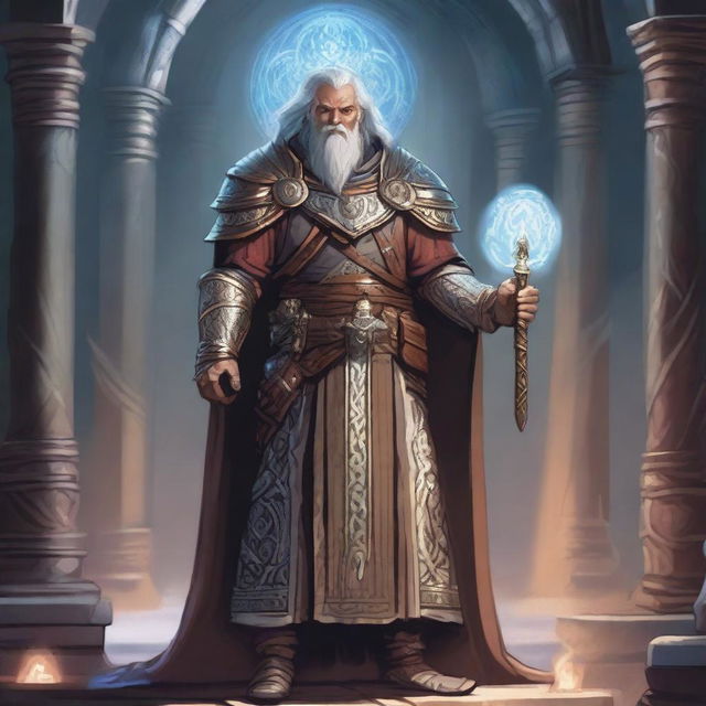 A detailed illustration of a human cleric from Dungeons & Dragons, standing in a mystical dungeon