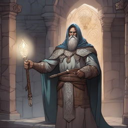 A detailed illustration of a human cleric from Dungeons & Dragons, standing in a mystical dungeon