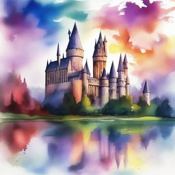 A stunning watercolor painting of Hogwarts School of Witchcraft and Wizardry