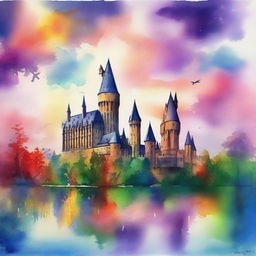 A stunning watercolor painting of Hogwarts School of Witchcraft and Wizardry