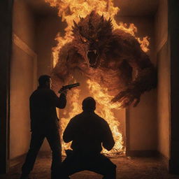 A room engulfed in flames split into two perspectives. Above: a man wielding a pistol, indomitable against the blaze. Below: a monstrous creature fixates its gaze upon the man above it.