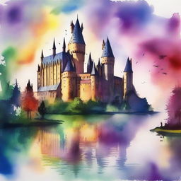 A stunning watercolor painting of Hogwarts School of Witchcraft and Wizardry