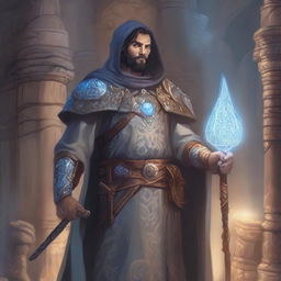 A detailed illustration of a 30-year-old human cleric from Dungeons & Dragons, standing in a mystical dungeon