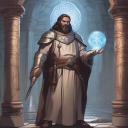 A detailed illustration of a 30-year-old human cleric from Dungeons & Dragons, standing in a mystical dungeon