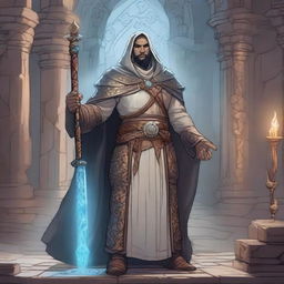 A detailed illustration of a 30-year-old human cleric from Dungeons & Dragons, standing in a mystical dungeon