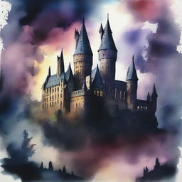 A dark and moody watercolor painting of Hogwarts School of Witchcraft and Wizardry