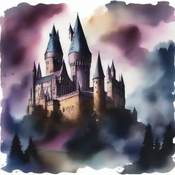 A dark and moody watercolor painting of Hogwarts School of Witchcraft and Wizardry