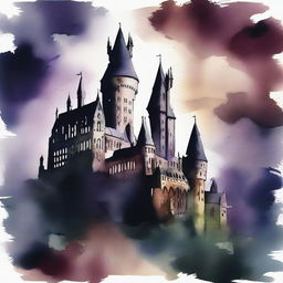 A dark and moody watercolor painting of Hogwarts School of Witchcraft and Wizardry