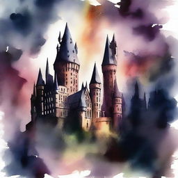 A dark and moody watercolor painting of Hogwarts School of Witchcraft and Wizardry