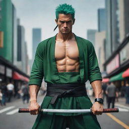 A realistic, human interpretation of Roronoa Zoro from One Piece, an athletic man with green hair and three katanas, dressed in a classic samurai outfit, standing strong and defiant in a bustling, modern cityscape.