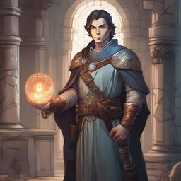 A detailed illustration of a young, beardless human cleric from Dungeons & Dragons, standing in a mystical dungeon