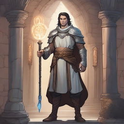 A detailed illustration of a young, beardless human cleric from Dungeons & Dragons, standing in a mystical dungeon