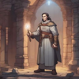 A detailed illustration of a young, beardless human cleric from Dungeons & Dragons, standing in a mystical dungeon