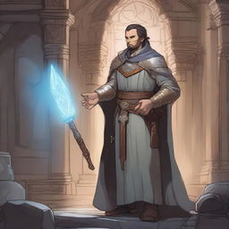 A detailed illustration of a young, beardless human cleric from Dungeons & Dragons, standing in a mystical dungeon