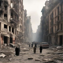 A city devastated by a bombing, with many injured people