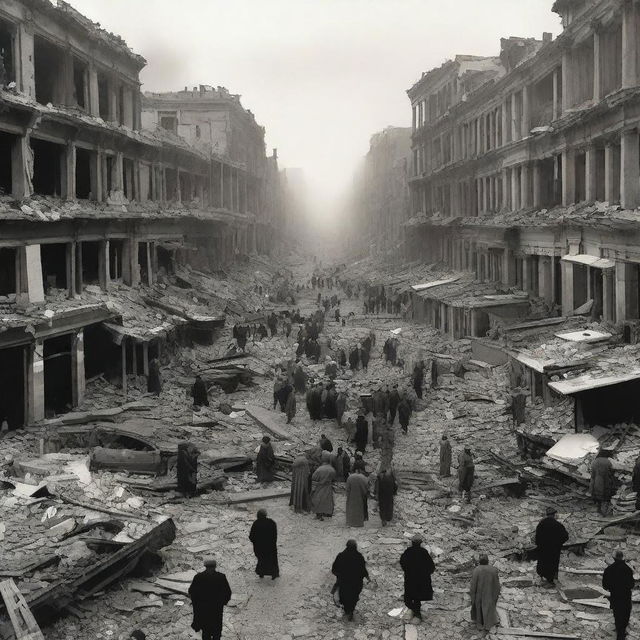 A city devastated by a bombing, with many injured people