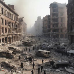 A city devastated by a bombing, with many injured people