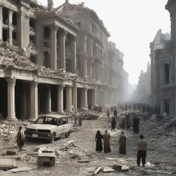 A city devastated by a bombing, with many injured people