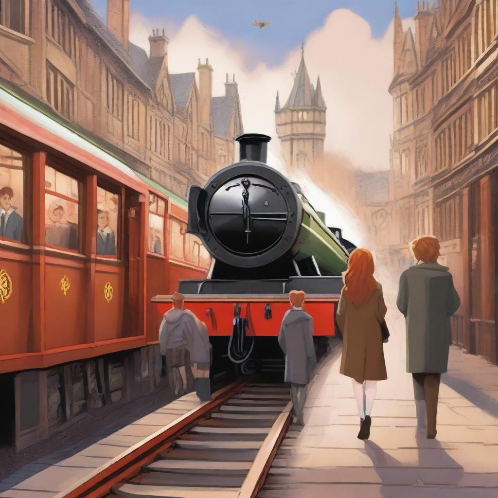 A detailed illustration of a girl with brown hair, a boy with brown hair, and a woman with red hair arriving at Platform Nine and Three-Quarters