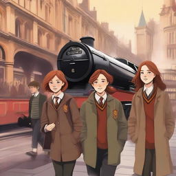 A detailed illustration of a girl with brown hair, a boy with brown hair, and a woman with red hair arriving at Platform Nine and Three-Quarters