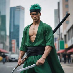 A realistic, human interpretation of Roronoa Zoro from One Piece, an athletic man with green hair and three katanas, dressed in a classic samurai outfit, standing strong and defiant in a bustling, modern cityscape.