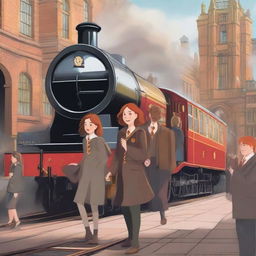 A detailed illustration of a girl with brown hair, a boy with brown hair, and a woman with red hair arriving at Platform Nine and Three-Quarters