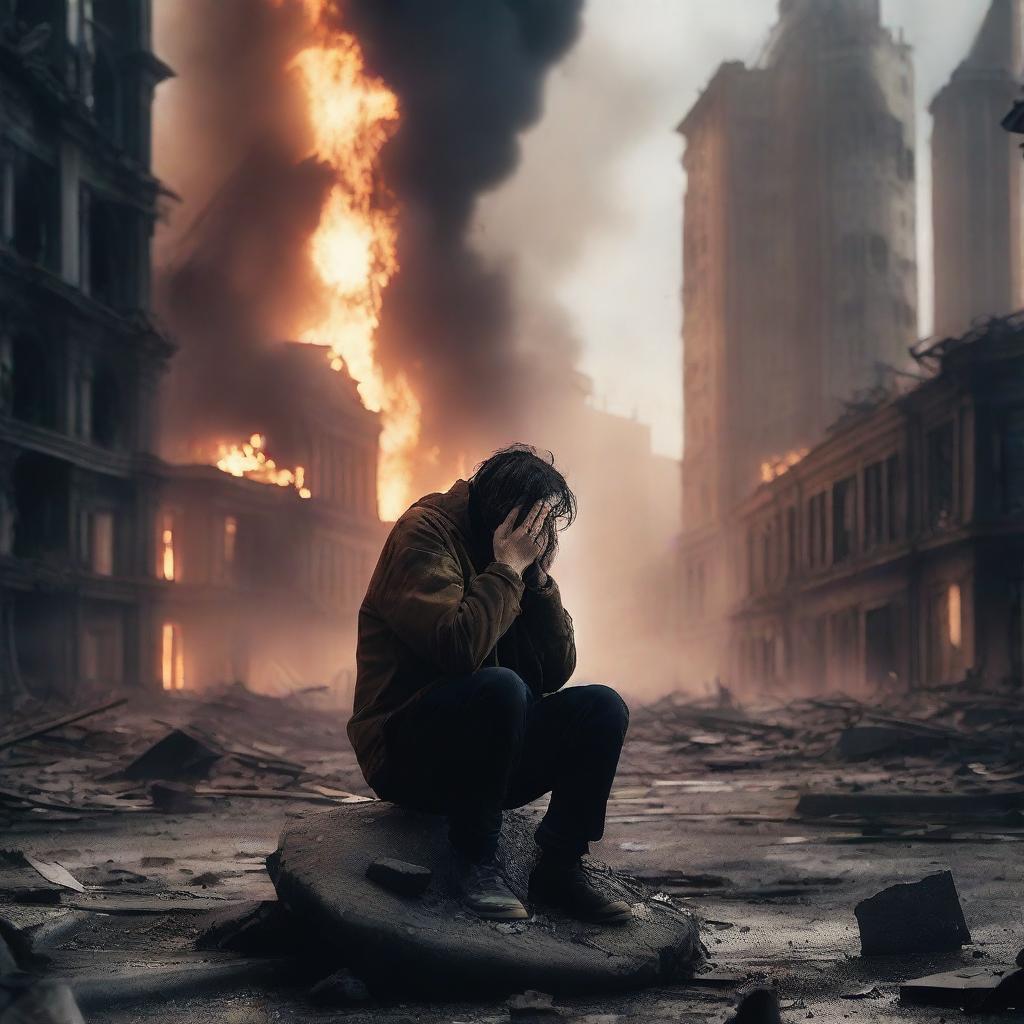 A person crying and injured in a destroyed city on fire