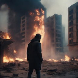 A person crying and injured in a destroyed city on fire