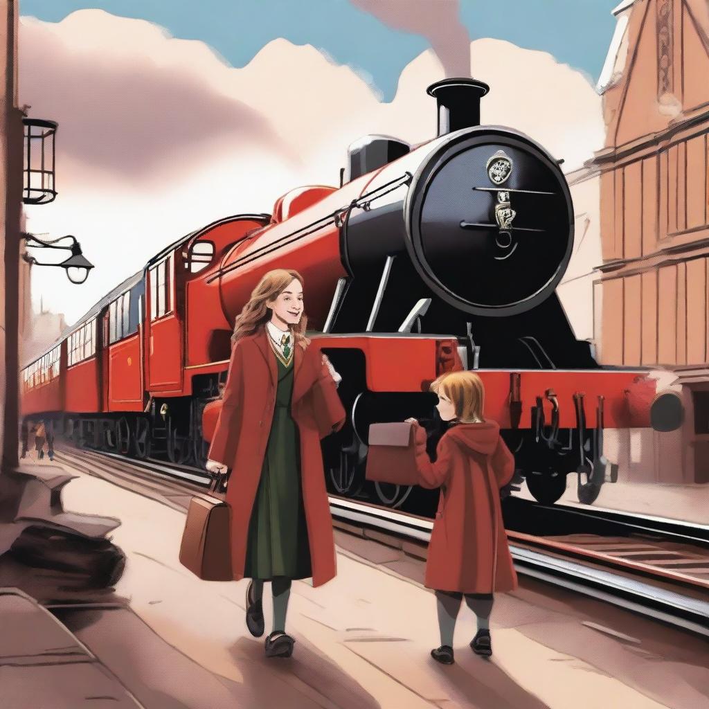 A heartwarming scene depicting a girl and her cousin arriving at the Hogwarts Express