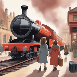 A heartwarming scene depicting a girl and her cousin arriving at the Hogwarts Express