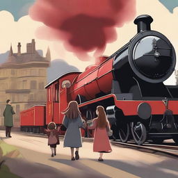 A heartwarming scene depicting a girl and her cousin arriving at the Hogwarts Express