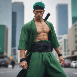 A realistic, human interpretation of Roronoa Zoro from One Piece, an athletic man with green hair and three katanas, dressed in a classic samurai outfit, standing strong and defiant in a bustling, modern cityscape.