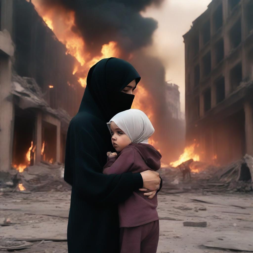 A mother wearing a hijab and a crying, injured child in a destroyed city on fire