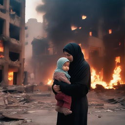 A mother wearing a hijab and a crying, injured child in a destroyed city on fire