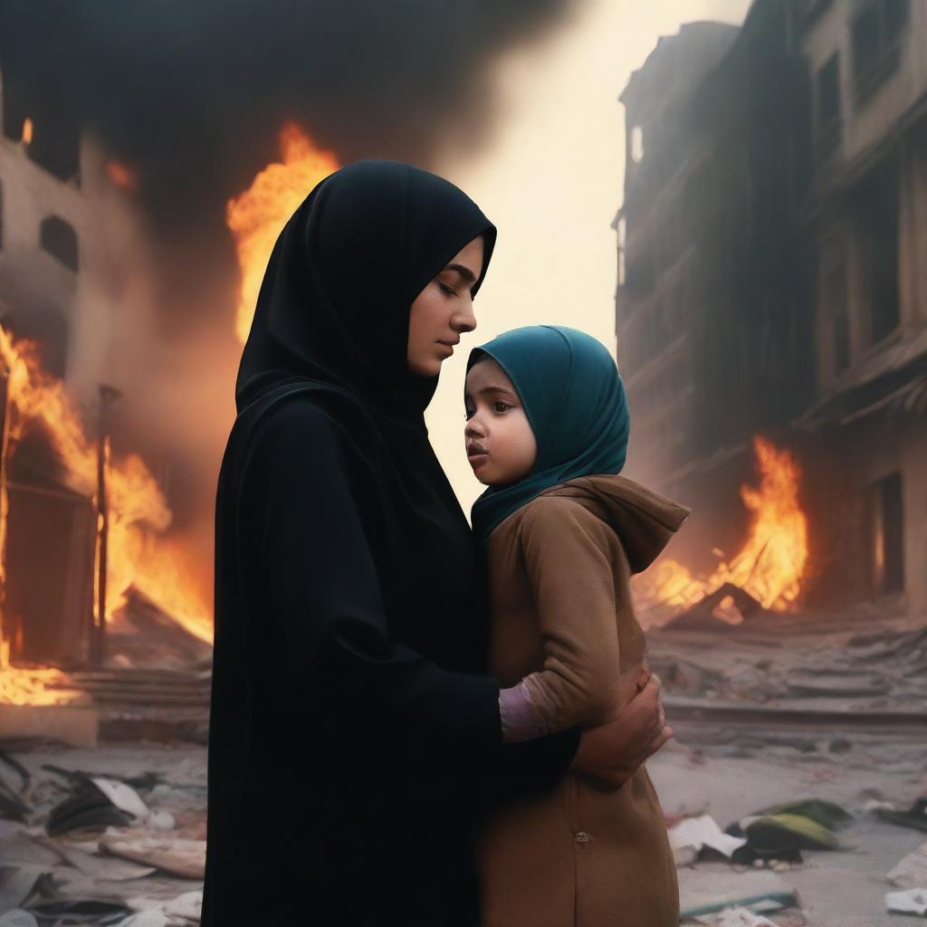 A mother wearing a hijab and a crying, injured child in a destroyed city on fire