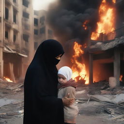 A mother wearing a hijab and a crying, injured child in a destroyed city on fire