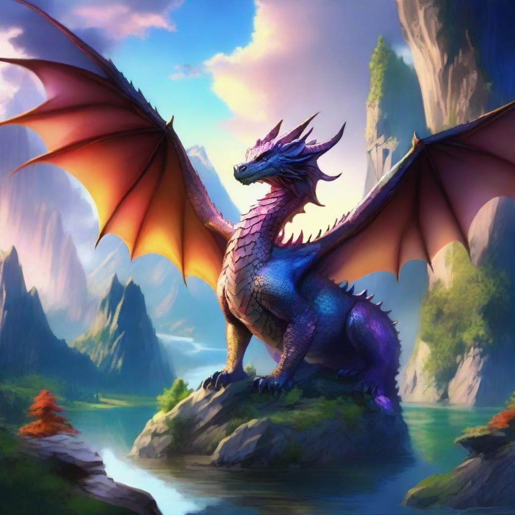 A breathtaking fantasy location featuring a majestic dragon