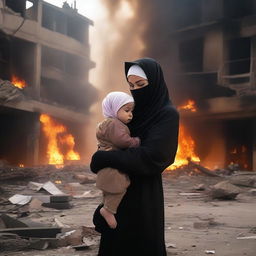 A mother wearing a hijab with a crying and injured child in a destroyed, burning city